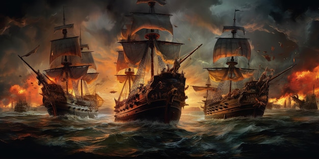 Landschaft mit brennenden Piratenschiffen, die im Meer kämpfen