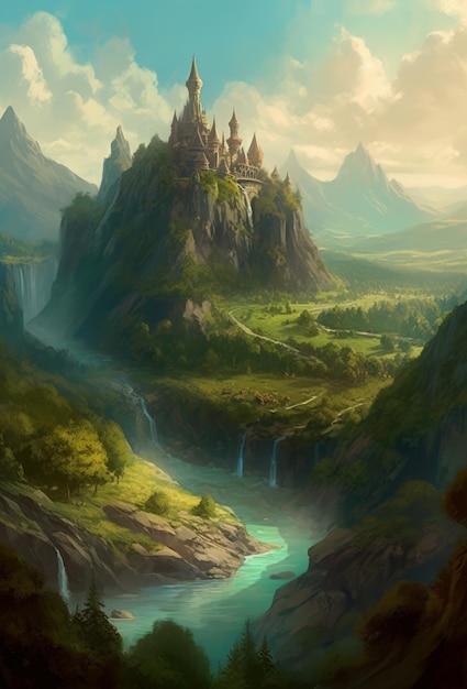Landschaft mit Burg am Fluss und Bergen, erstellt mit generativer KI-Technologie