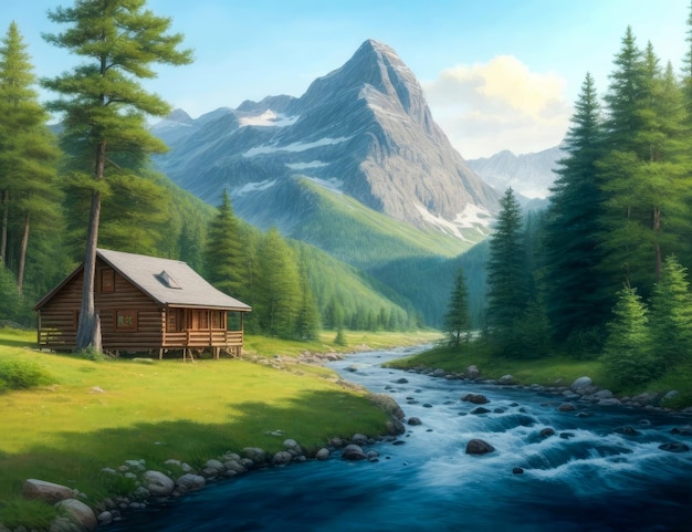 Landschaft mit einem Fluss und einer Holzhütte auf dem Bergtapetendesign