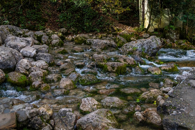 Landschaft mit einem Gebirgsfluss im Spätherbst Bzyb-Fluss