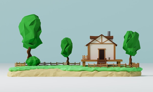 Landschaft mit einem Landhaus mit Bäumen Sommerhaus Immobilienkonzept Banner 3D-Modellierung