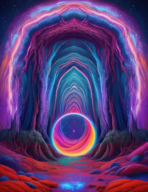 Landschaft mit einem psychedelischen Portal mit surrealen Farben und Mustern