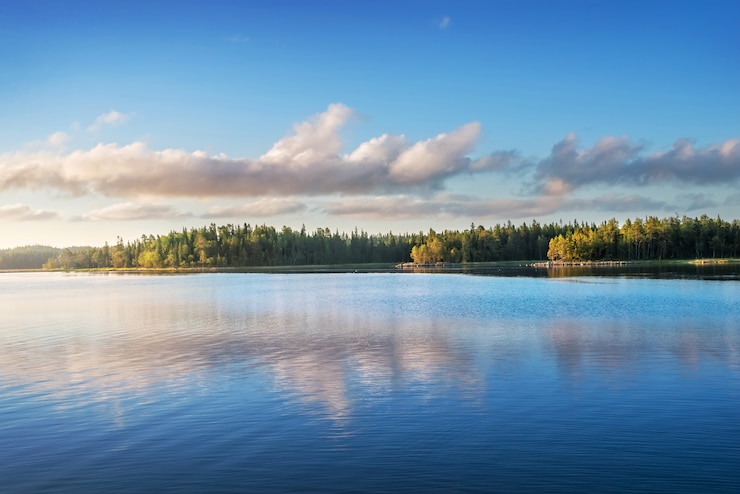 Foto landschaft mit einem see und reflexion von bäumen und weißen wolken in den strahlen der morgensonne auf den solovetsky-inseln