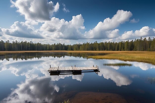 Landschaft mit einem Sumpfsee und einer hölzernen Fußgängerbrücke