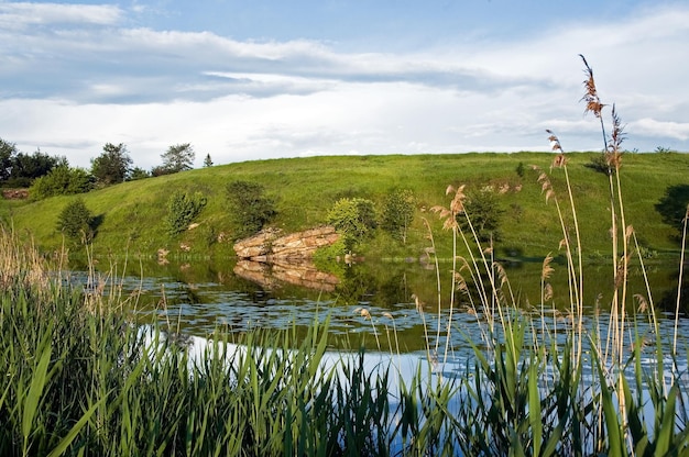 Landschaft mit Fluss mit den grünen Ufern