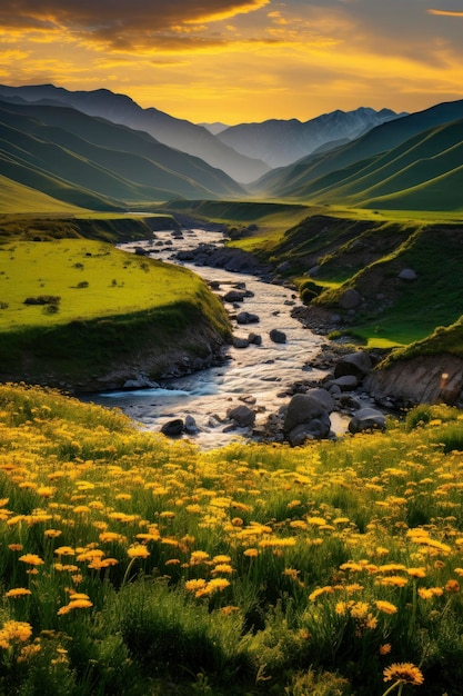 Landschaft mit Fluss und Bergen Der Fluss fließt zwischen Wiesen und blühenden Blumen