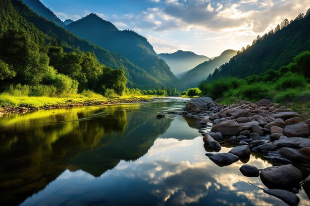 Foto landschaft mit fluss und bergen generative ai