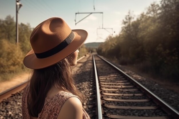 Landschaft mit Frau von hinten mit Hut und Bahngleisen Generative KI