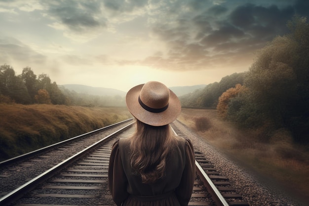 Landschaft mit Frau von hinten mit Hut und Bahngleisen Generative KI