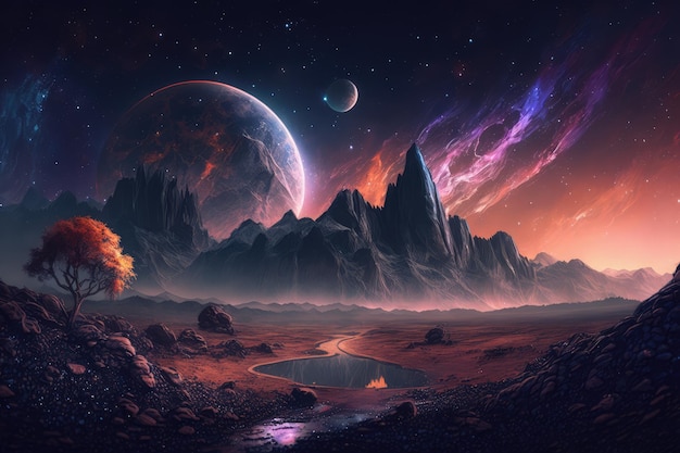 Landschaft mit Galaxienhintergrund mit sternenklarem Himmel der Fantasienacht