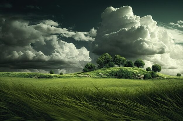 Landschaft mit grünem Gras und grauen Wolken