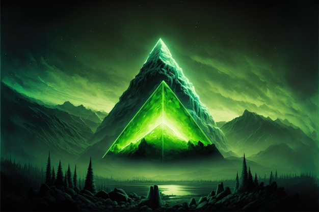 Landschaft mit grüner Kristallpyramide und Bergen im Hintergrund Generative KI