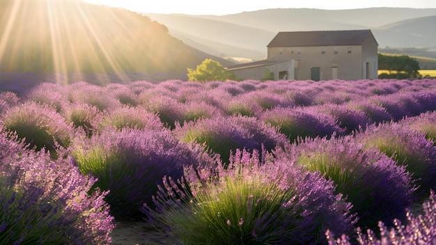 Foto landschaft mit lavendelfeldern, helle morgensonne, sommerfotografie im freien