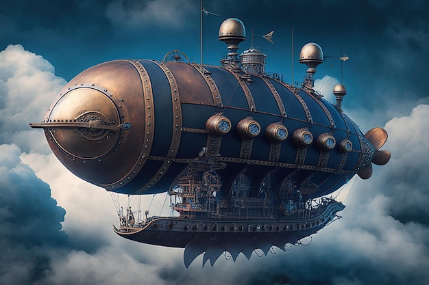 Landschaft mit Luftschiff am Himmel mit Wolken Steampunk-Stil Generative KI