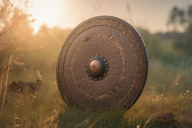 Landschaft mit Metall-Viking-Schild-Schlachtfeld im Hintergrund Generative KI