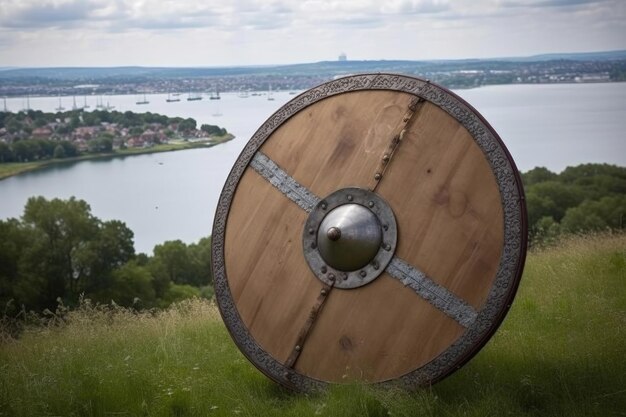 Foto landschaft mit metall-viking-schild-schlachtfeld im hintergrund generative ki