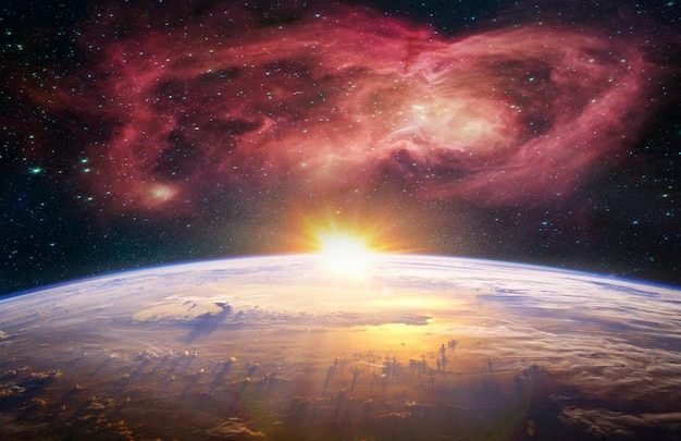 Landschaft mit Milchstraßengalaxie Sonnenaufgang und Erdansicht aus dem Weltraum mit Milchstraßengalaxie Elemente dieses Bildes, bereitgestellt von der NASA