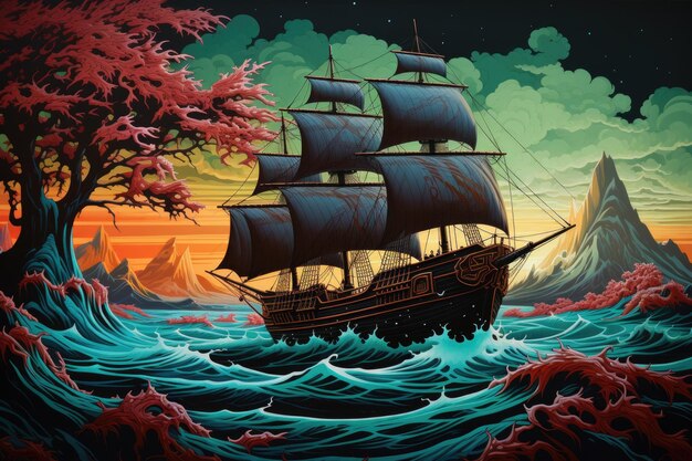 Landschaft mit Piratenschiff auf einer Insel Illustrationsstil Fantasy-Konzept Generative KI