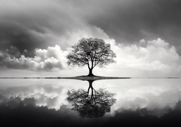 Landschaft mit schwarz-weißen Bäumen atmosphärische Wolken minimalistischer Hintergrund Ai generiert