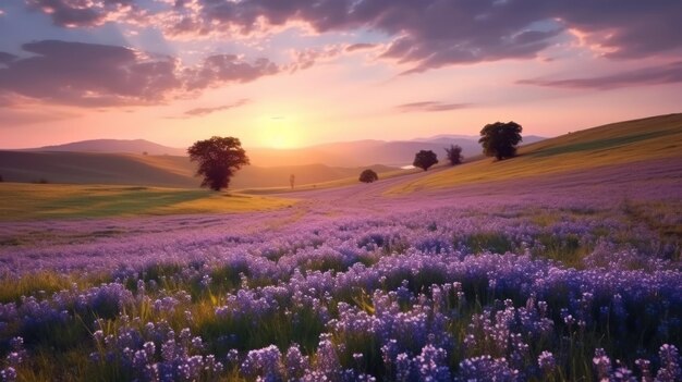 Landschaft mit Sonnenaufgang auf der Wiese im Frühling