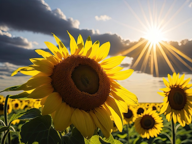 Landschaft mit Sonnenblumen in der Nähe des Himmels und der generativen Sonne