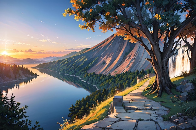 Landschaft mit Sonnenuntergangssee und Wald im Anime-Stil