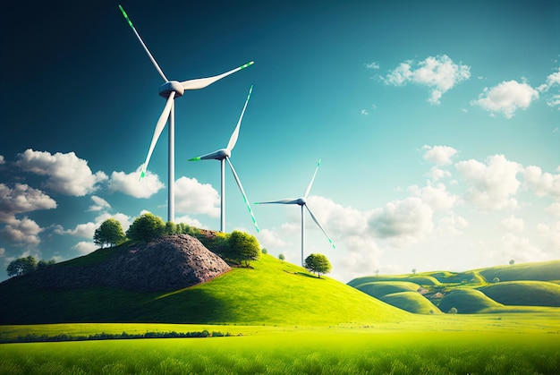 Landschaft mit Windmühlen Erneuerbare Stromtechnik Generative KI
