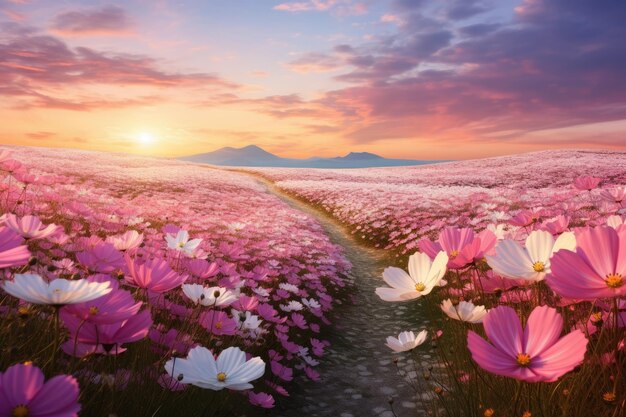 Foto landschaft mit wunderschöner landschaft von blumen, die in der frühlingszeit mit sonnenlicht auf der wiese blühen