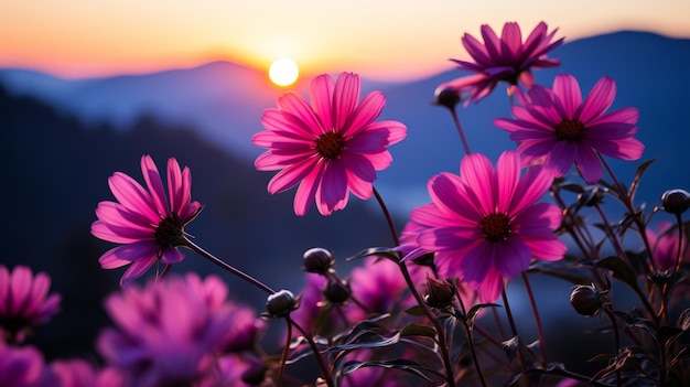 Foto landschaft natur hintergrund von wunderschönen rosa gänseblümchen feld mit sonnenuntergang generative ki