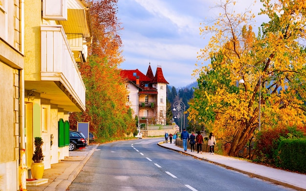 Landschaft ohne Autos in leerer Straße im Herbst Slowenien. Urlaubsreise auf der Autobahn mit Natur. Landschaft mit Fahrt auf Urlaubsreise zur Erholung. Bewegungsfahrt in Europa. Kein Transport