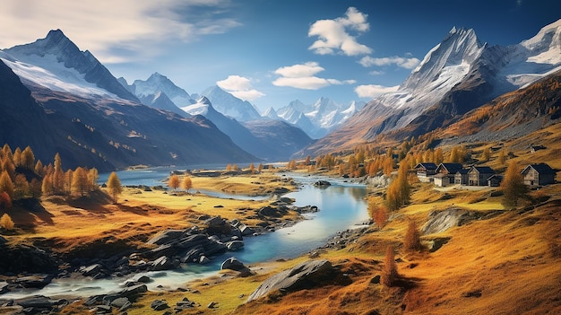 Landschaft Panorama Drohnenansicht Indianer Sommer in den Bergen Alpenlandschaft Felsen Fluss und Herbst Wald