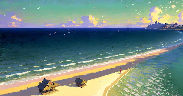 Landschaft Strand Meer Sonnenuntergang Kinderbuchillustration Generative AI Fantasy Digital Art