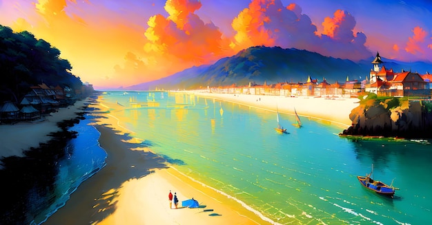 Landschaft Strand Meer Sonnenuntergang Kinderbuchillustration Generative AI Fantasy Digital Art