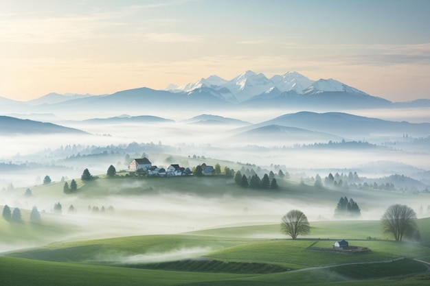 Landschaft von Bergen und Dörfern, die von Wolken bedeckt sind