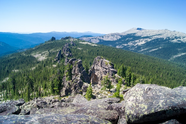 Landschaft von Berggipfeln mit Felsen und Wald