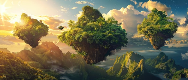 Landschaft von fliegenden tropischen Inseln bei Sonnenuntergang surrealistische Panorama-Gebirgslandschaft mit Land, das im Himmel schwebt Konzept der Fantasie Feenwelt grüner Planet