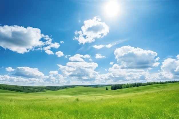 Landschaft von grünem Grasfeld mit blauem Himmel und kleinen Hügeln Sommernatur Landschaft Hintergrund mit Generative Ai-Technologie erstellt