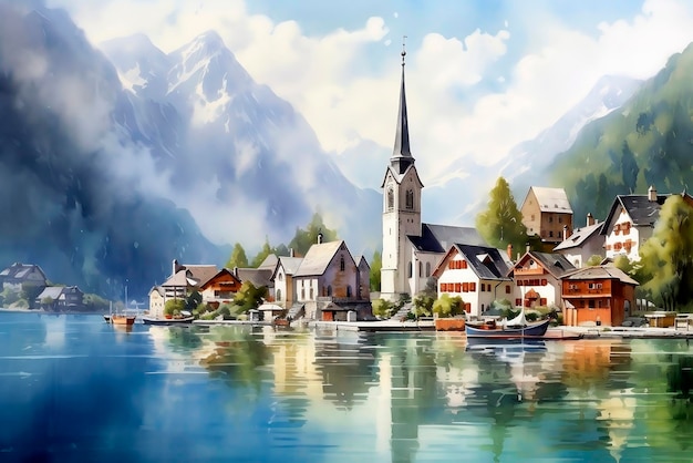 Landschaft von Hallstatt Österreich Europa VektorillustrationAI generiert