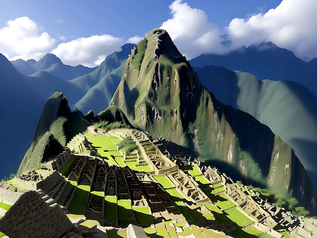 Landschaft von Machu Picchu unter dem Sonnenlicht und einem blauen Himmel in Peru