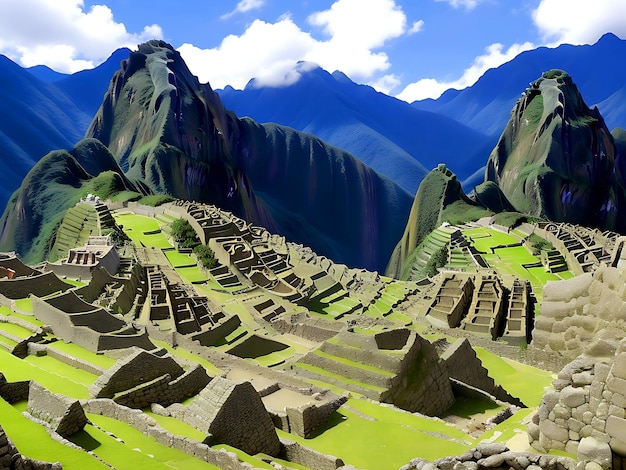 Landschaft von Machu Picchu unter dem Sonnenlicht und einem blauen Himmel in Peru