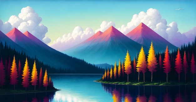 Landschaft Wald Dschungel Malerei Illustration Bunt Verzauberte Bäume verträumte Natur Generative AI