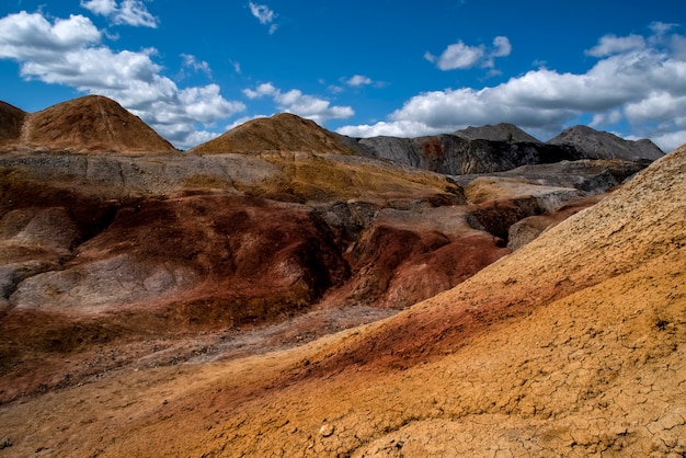 Landschaft wie ein Planet Mars Oberfläche erstaunlicher Himmel schöne Wolken Ural feuerfester Ton Steinbrüche