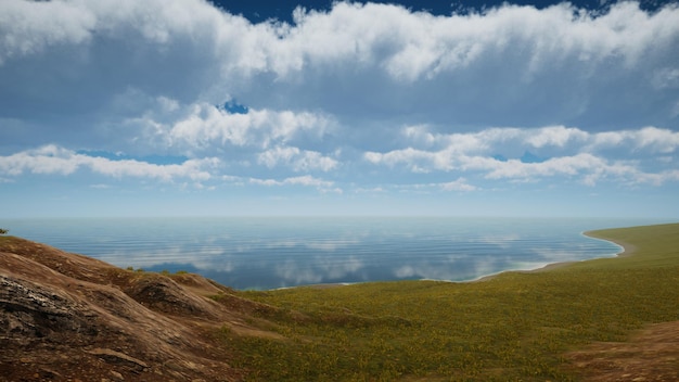 Landschaft zur Veranschaulichung nachhaltiger Entwicklungsziele und Ökosystemschutz Natürliche Umgebung einer grünen Insel ohne Bäume 3D-Rendering