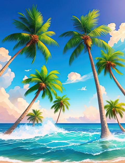 Landschaften auf dem Meeressand und ein Ozean aus Palmen, handgefertigtes Ölgemälde