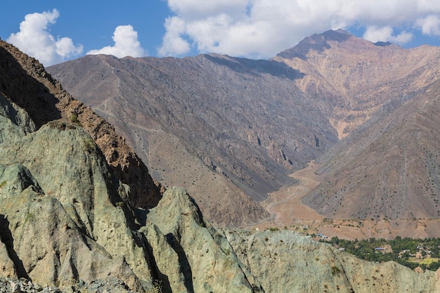 Landschaften der Hindukusch-Berge. Gebirgszüge, Schluchten, Flüsse, Täler, Dörfer. Pakistan