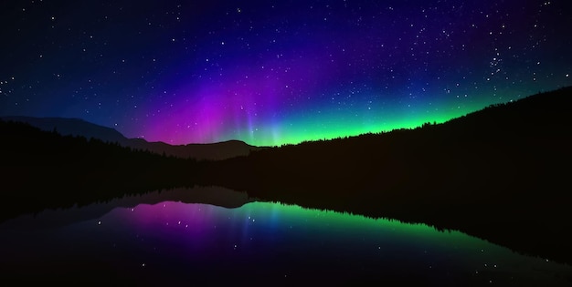 Landschaftliche Aussicht auf das Polarlicht, das Nordlicht oder das Aurora Borealis, Berge gegen den Nachthimmel