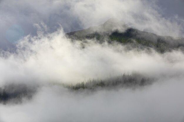 Foto landschaftliche aussicht auf den mit nebel bedeckten berg gegen den himmel