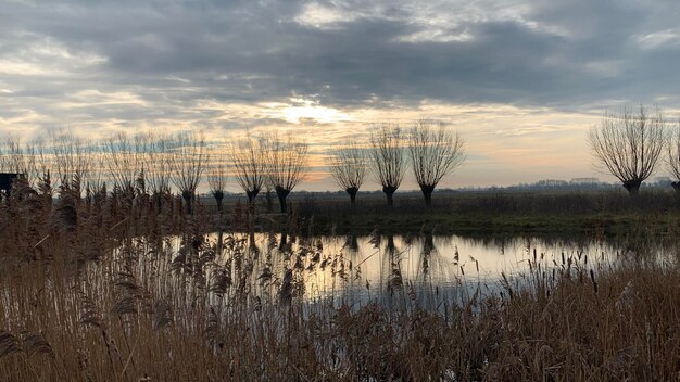 Foto landschaftliche aussicht auf den see gegen den himmel beim sonnenuntergang