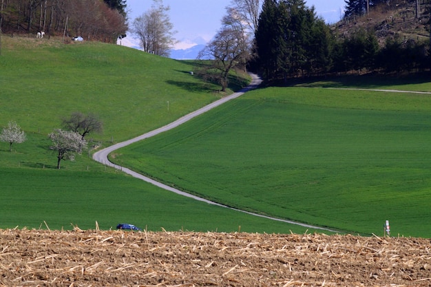 Foto landschaftliche aussicht auf ein landwirtschaftliches feld vor dem himmel