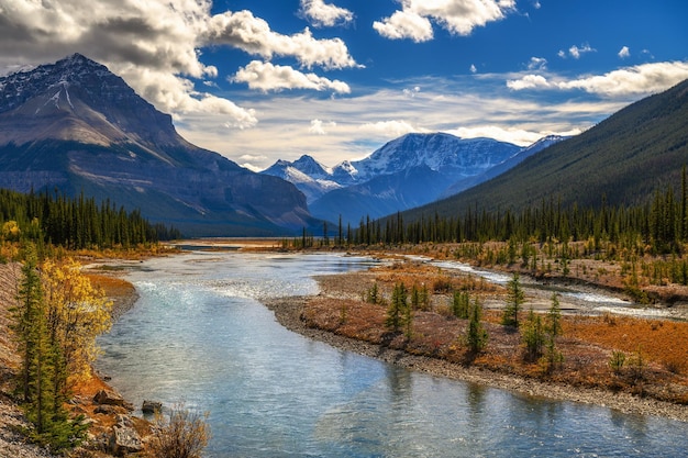 Landschaftliche Aussicht auf einen Fluss entlang des Icefields Parkway im Banff National Park Kanada